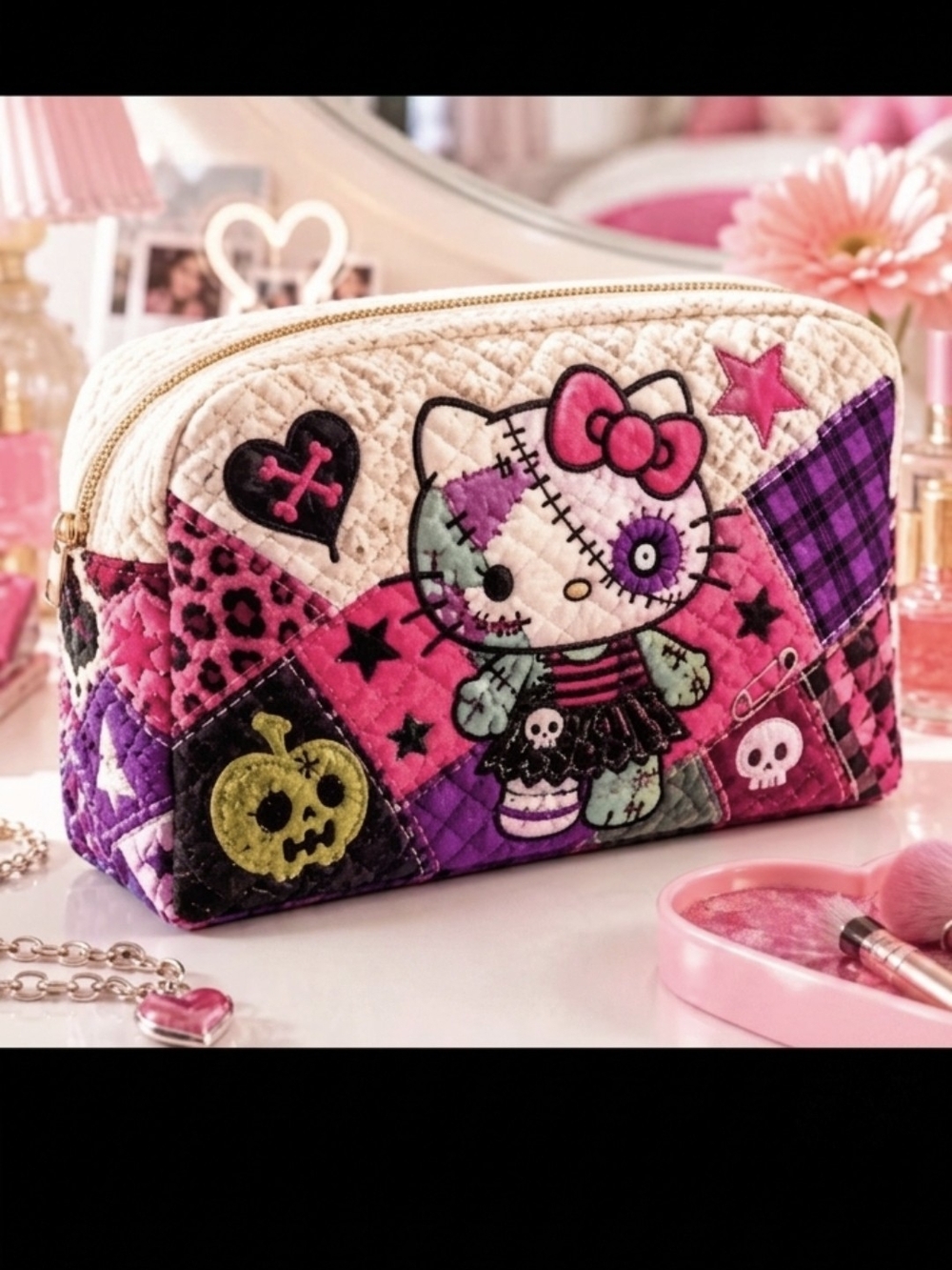Sanrio Hello Kitty Zombie Pop Art Quilted Cosmetic Large Bag 11x4x6 NWT